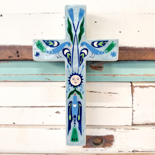 Decorative cross with artistic design. Jones & Co - Fable Blue Sun Large Cross