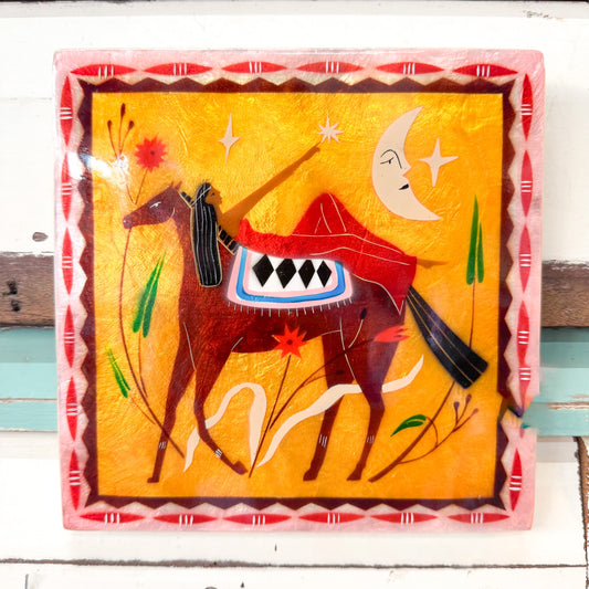 Decorative wall art with a horse and abstract design on a yellow background
Jones & Co - Fable Horseback Pink Square