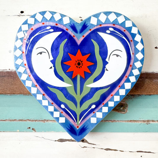 Decorative heart-shaped plate with floral design - Jones & Co - Fable Moon Blue Heart