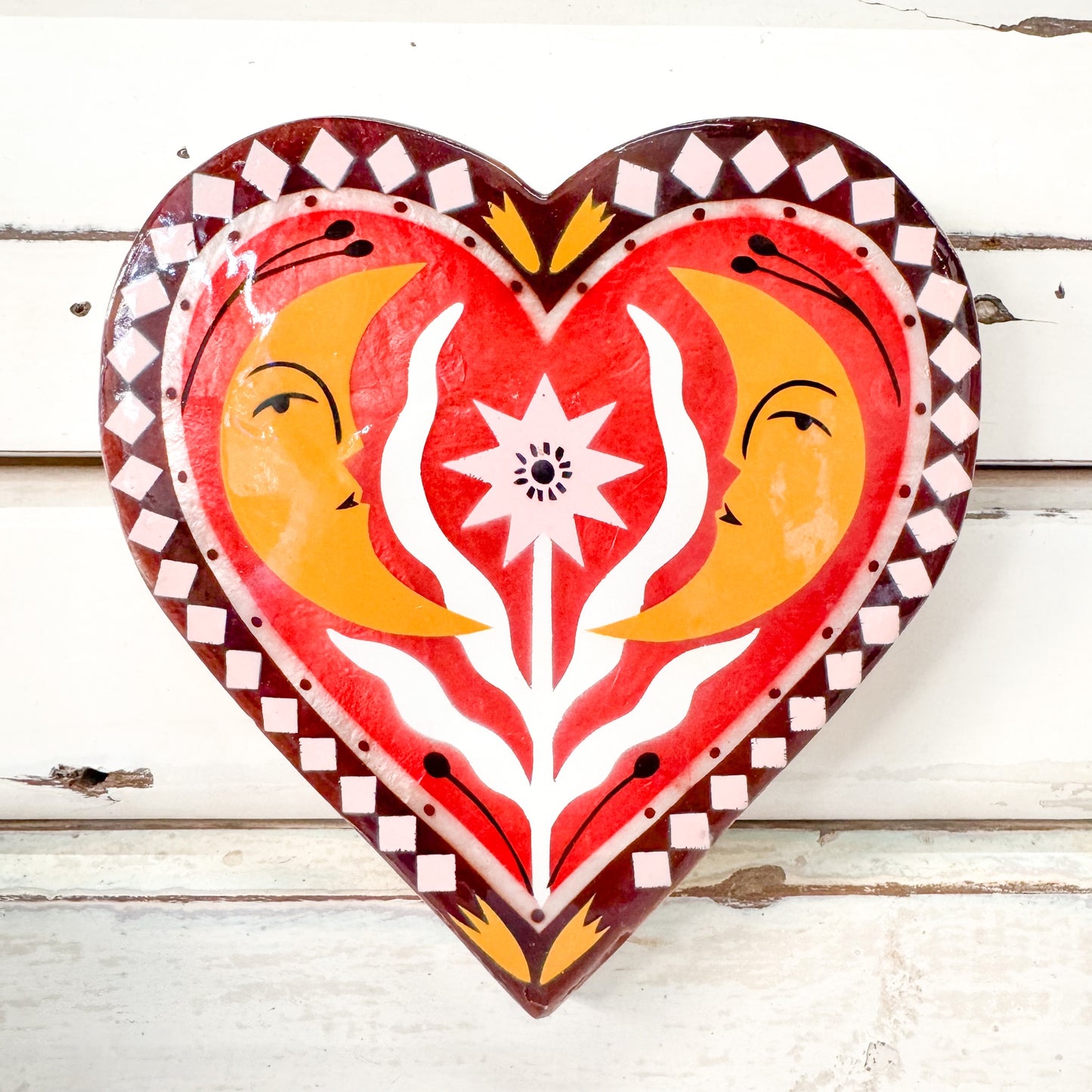 Decorative heart-shaped capiz shell tile with moons. Jones & Co - Fable Moon Pink Heart