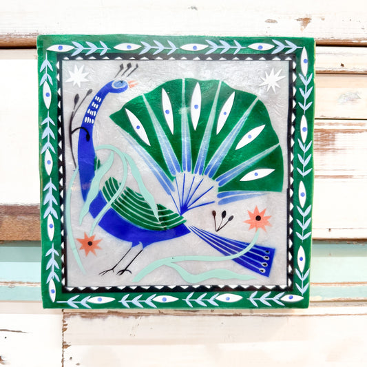 Decorative capiz shell tile with a peacock design Jones & Co - Fable Peacock Blue Tile
