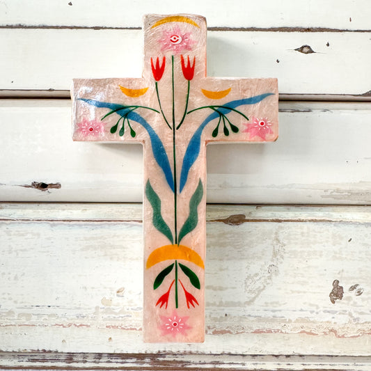 Decorative cross with floral patterns. Jones & Co - Fable Pink Floral Small Cross