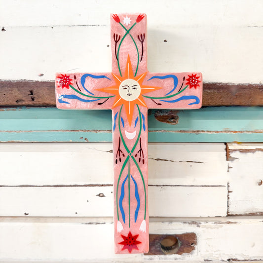 Decorative cross with floral and sun design. Jones & Co - Fable Pink Sun Large Cross