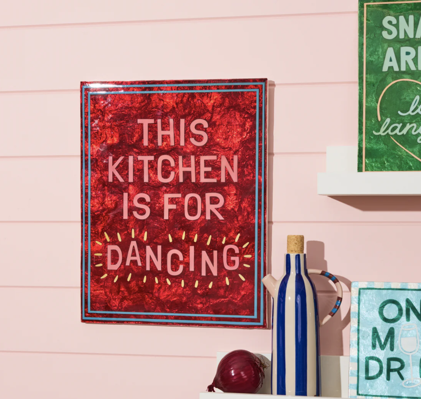 Red sign with 'This kitchen is for dancing' text. Jones & Co - Fun House Kitchen Large Tile