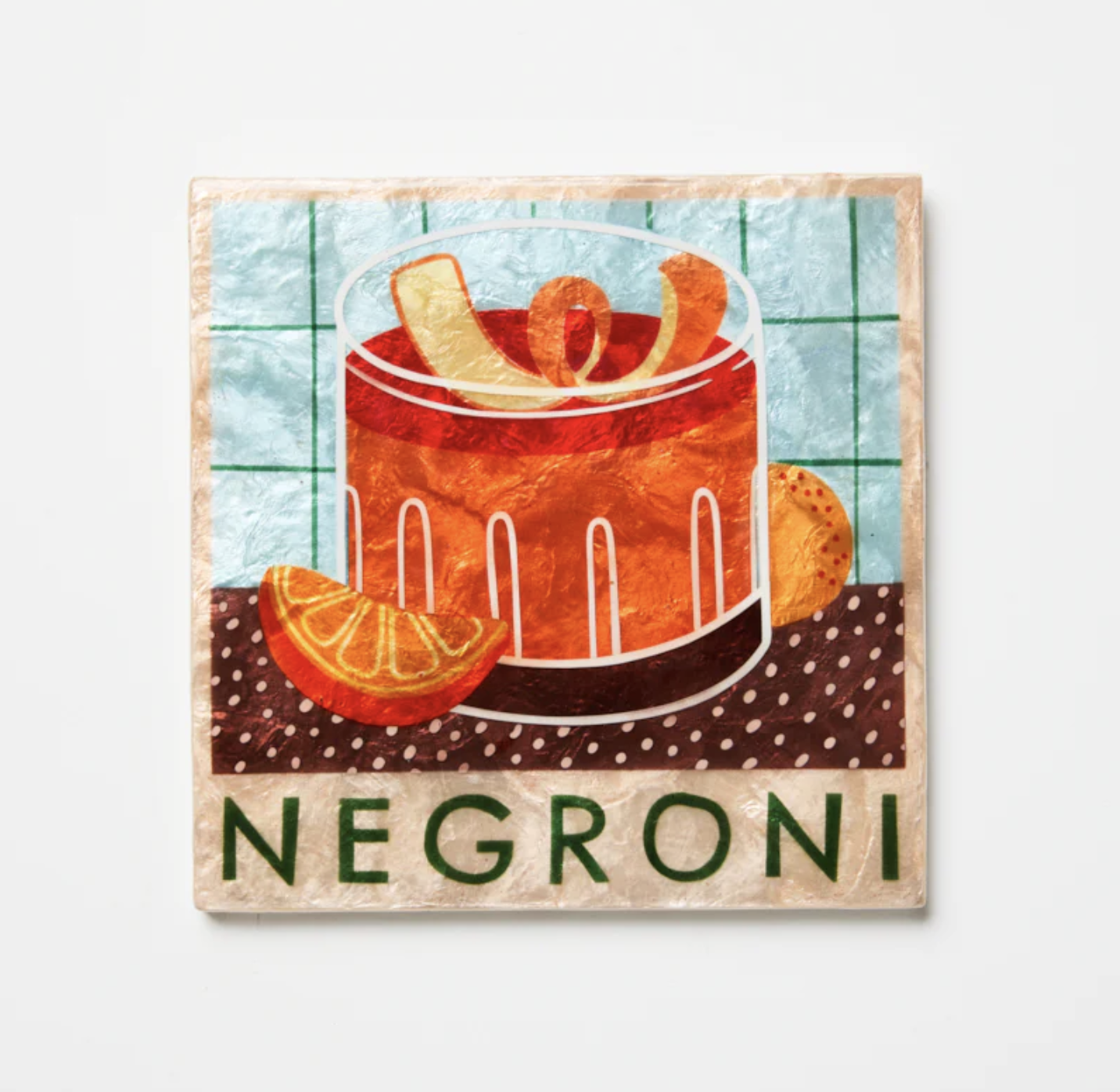 Decorative tile with a Negroni cocktail illustration. Jones & Co - Happy Hour Negroni Tile