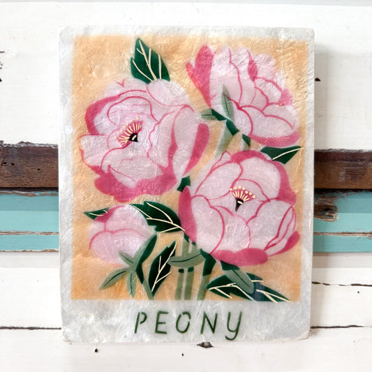 Jones & Co - Market Wall Art Peony Decorative cAPIZ SHELL TILE with a floral peony design on a white background