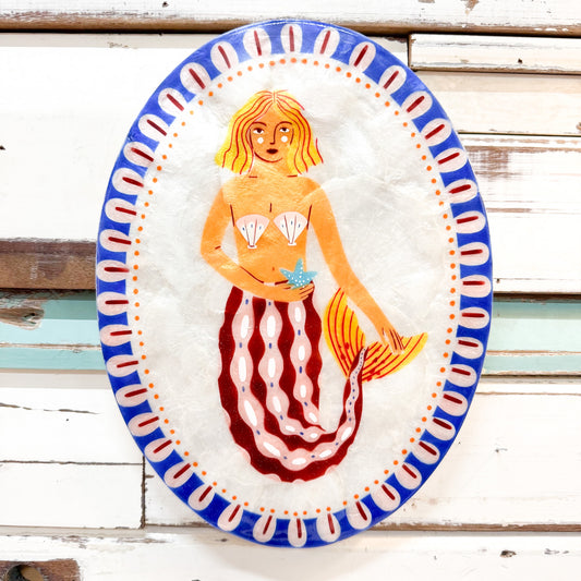 Oval Decorative capiz shell with a mermaid design 
