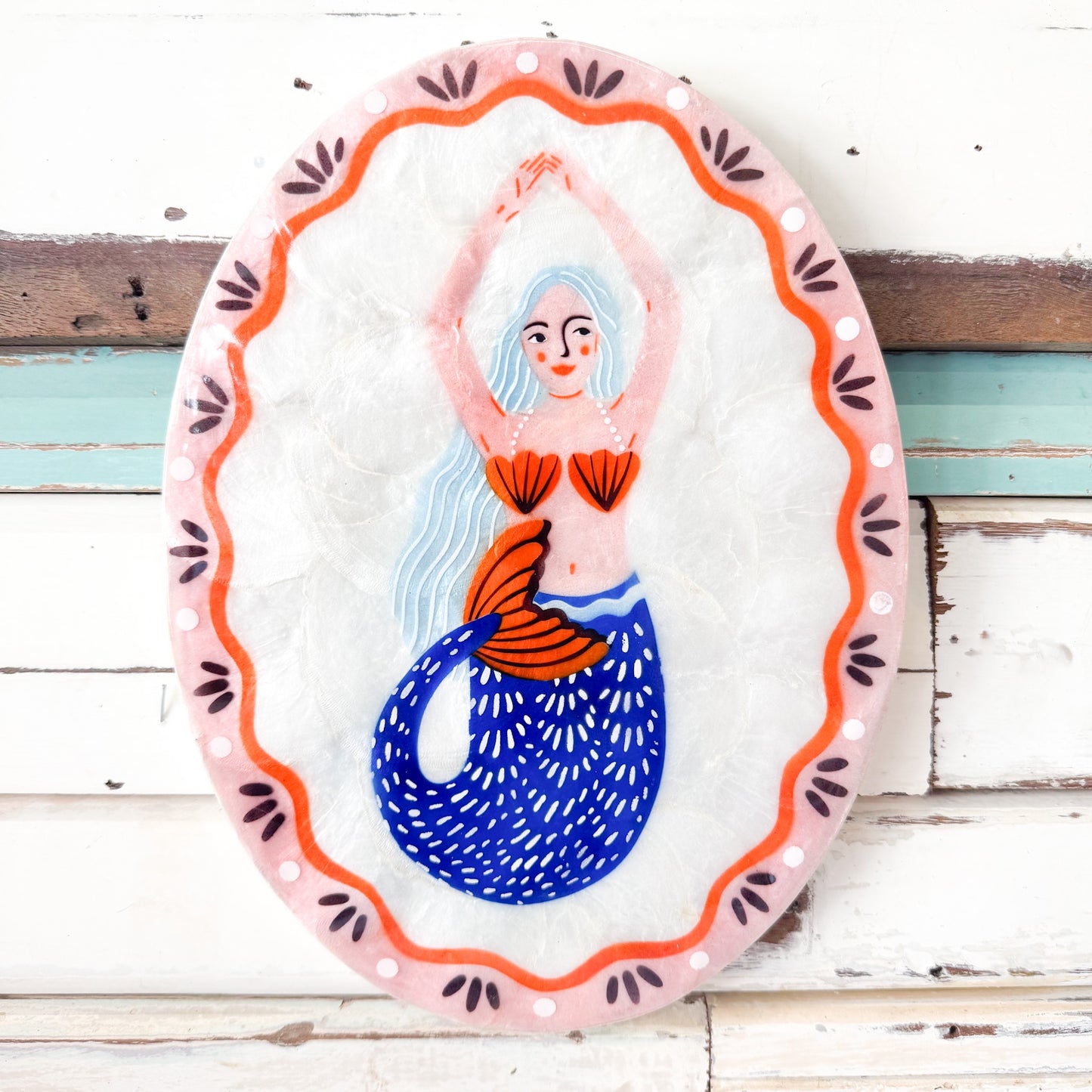 Decorative capiz shell oval tile with a mermaid design Jones & Co - Mermaid Pearl Fan Tile