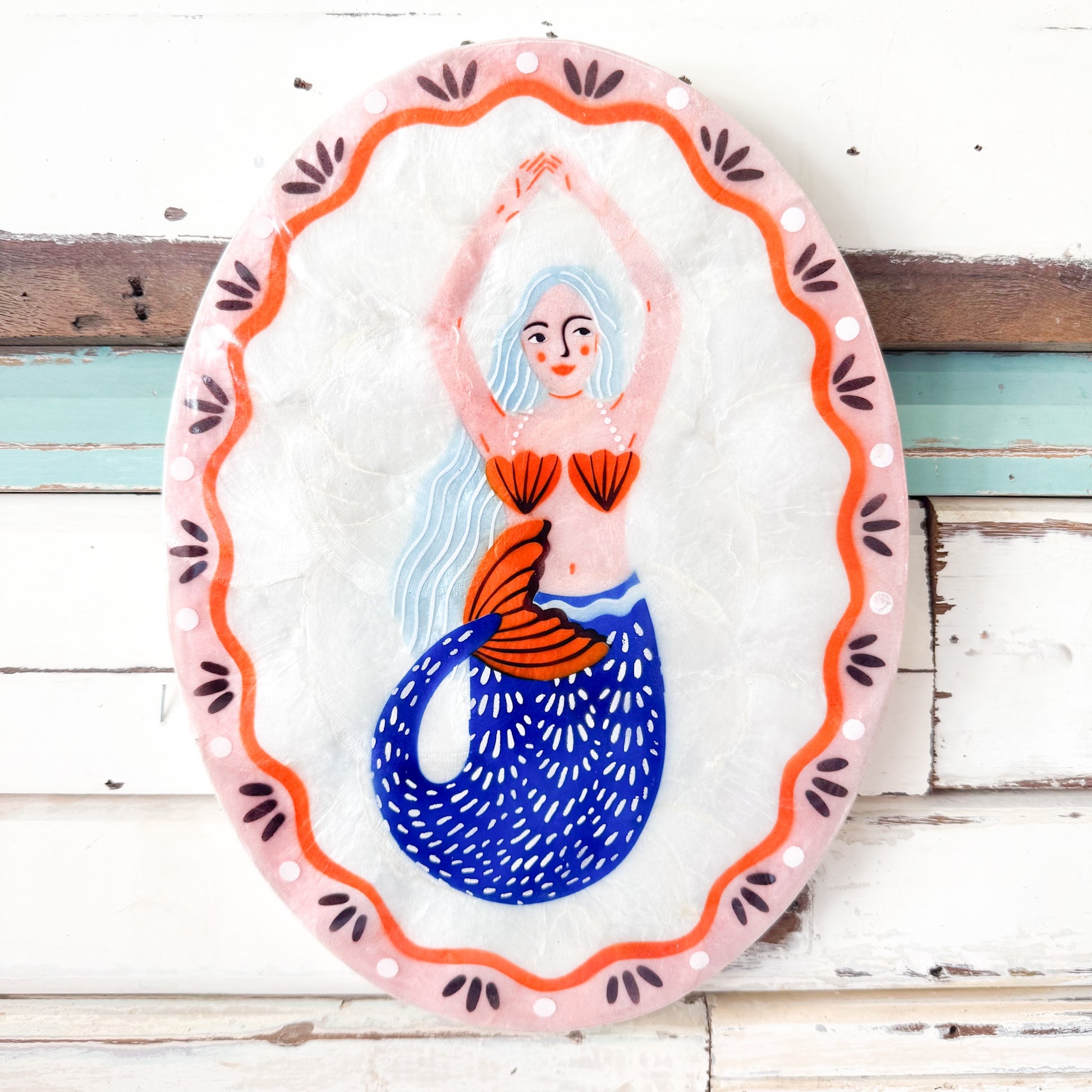 Decorative capiz shell oval tile with a mermaid design Jones & Co - Mermaid Pearl Fan Tile