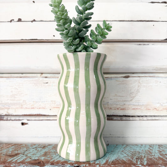 Green and white striped vase with a plant -Jones & Co - Palma Green Stripe Vase