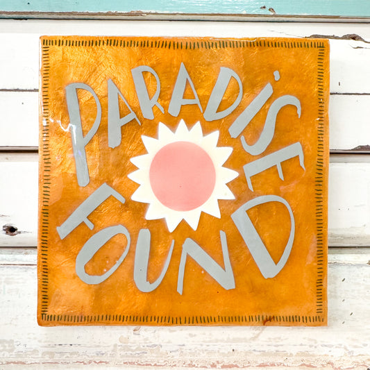 Decorative sign with 'Paradise Found' text and sun graphic - Jones & Co - Superette Paradise Gold Tile