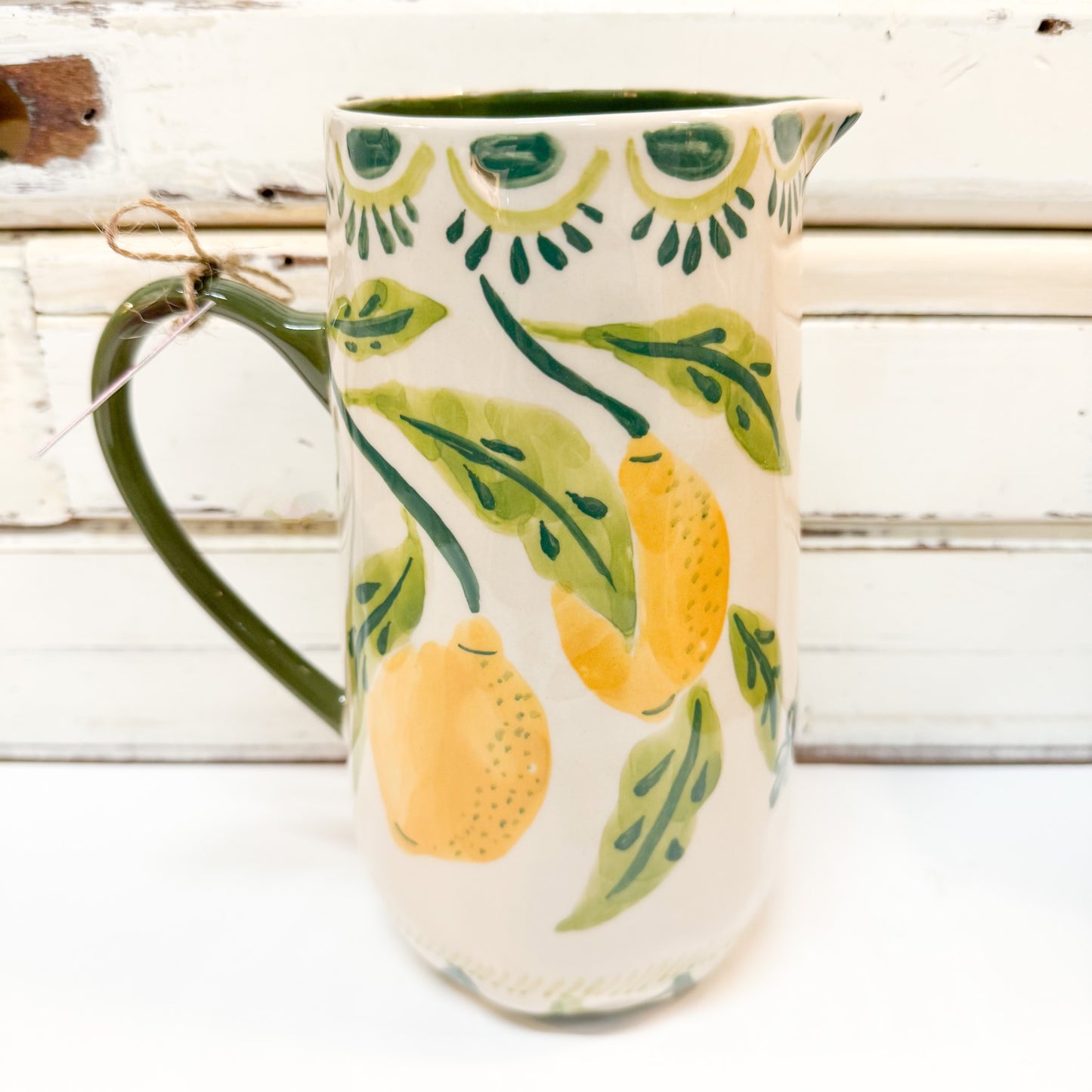 Ceramic pitcher with lemon  and green leaves design by Jones & Co - Tavola Jug