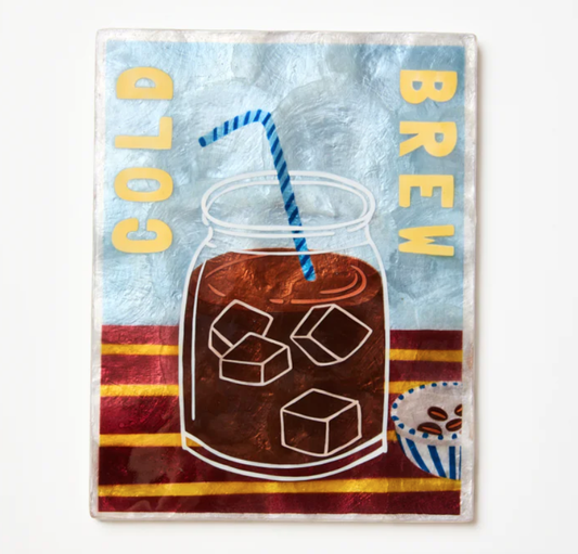 Capiz shell tile with a design of iced coffee in a mason jar, labeled 'Cold Brew', on a blue and red striped background.