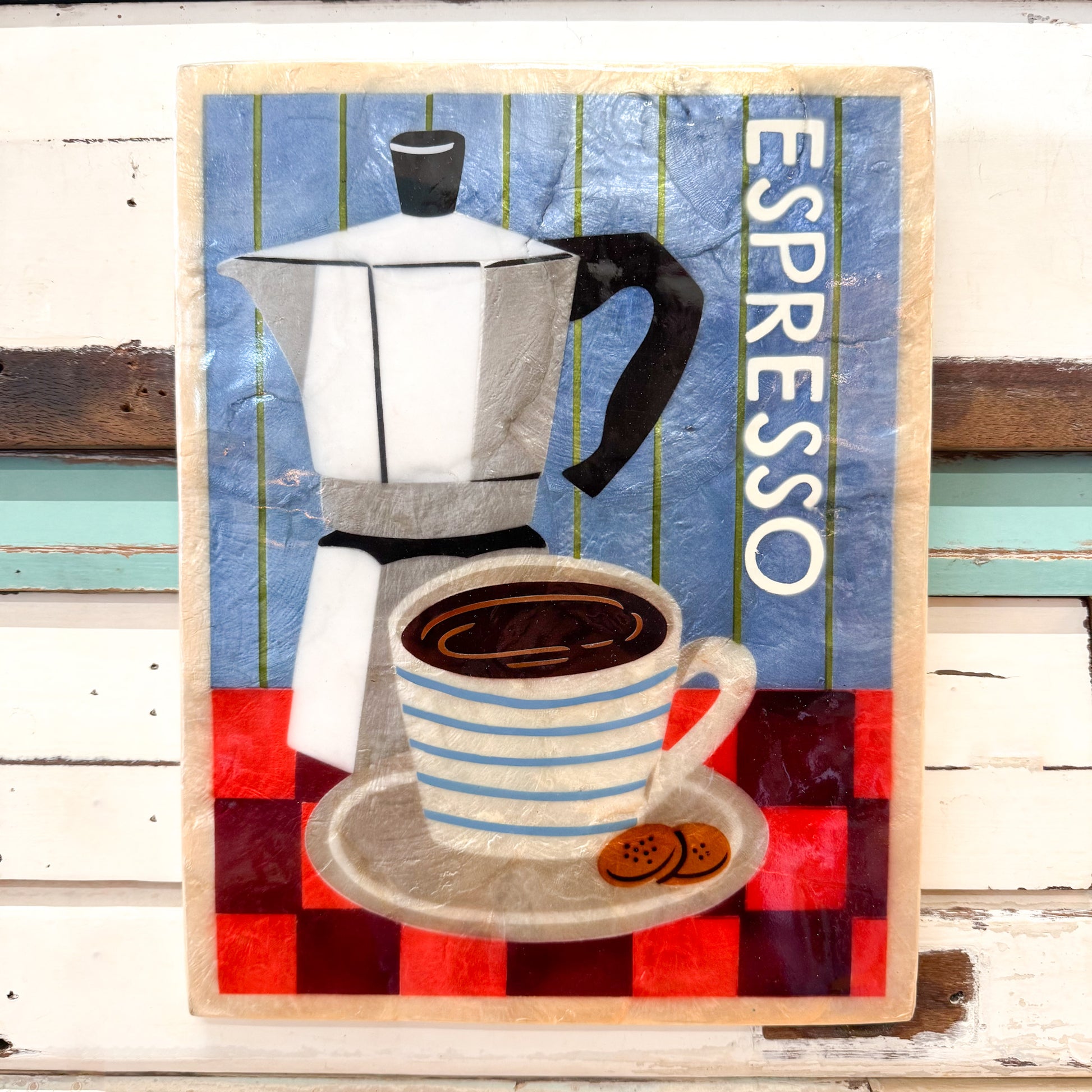 Jones & Co | Barista Espresso 
Capiz shell tile with espresso coffee pot and cup of coffee wall art