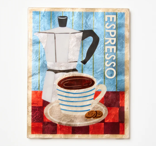 Decorative wall art with an espresso maker and cup on a checkered background