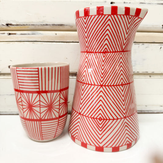 Jones & Co Caravan Carafe - Ruby ceramic carafe painted with red geometric design