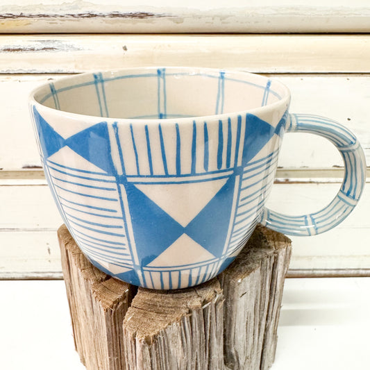 Jones & Co Caravan Mug - Sky - short ceramic mug with light blue geometric pattern