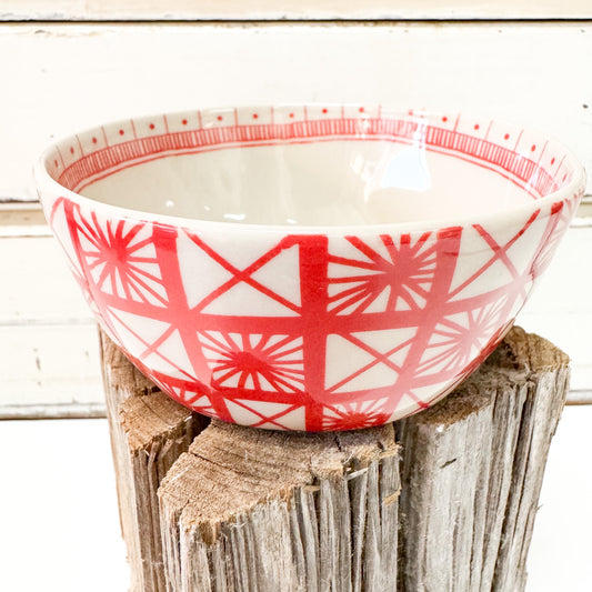 Jones & Co Caravan Snack Bowl - Ruby -small ceramic bowl with red geometric pattern