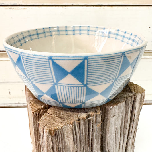 Jones & Co Caravan Snack Bowl - Sky small ceramic bowl with light blue geometric pattern