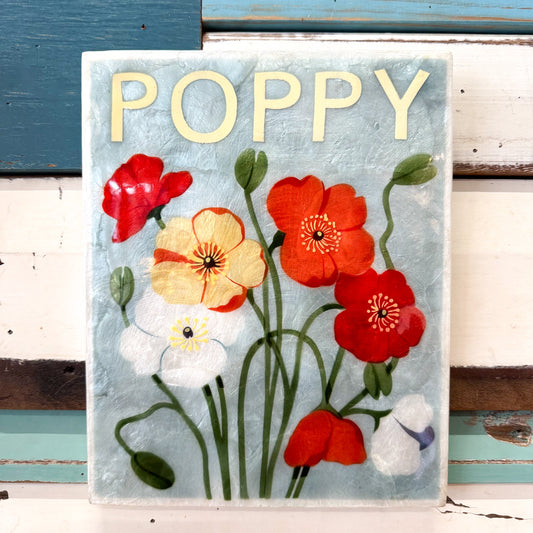 Decorative cAPIZ SHELL TILE with a floral poppy  design on a white background Jones & Co | Market Wall Art Poppy