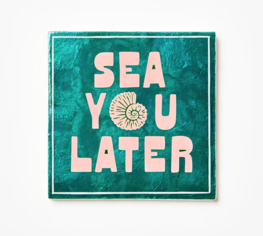 Teal towel with pink text 'SEA YOU LATER' and a shell design on a white background