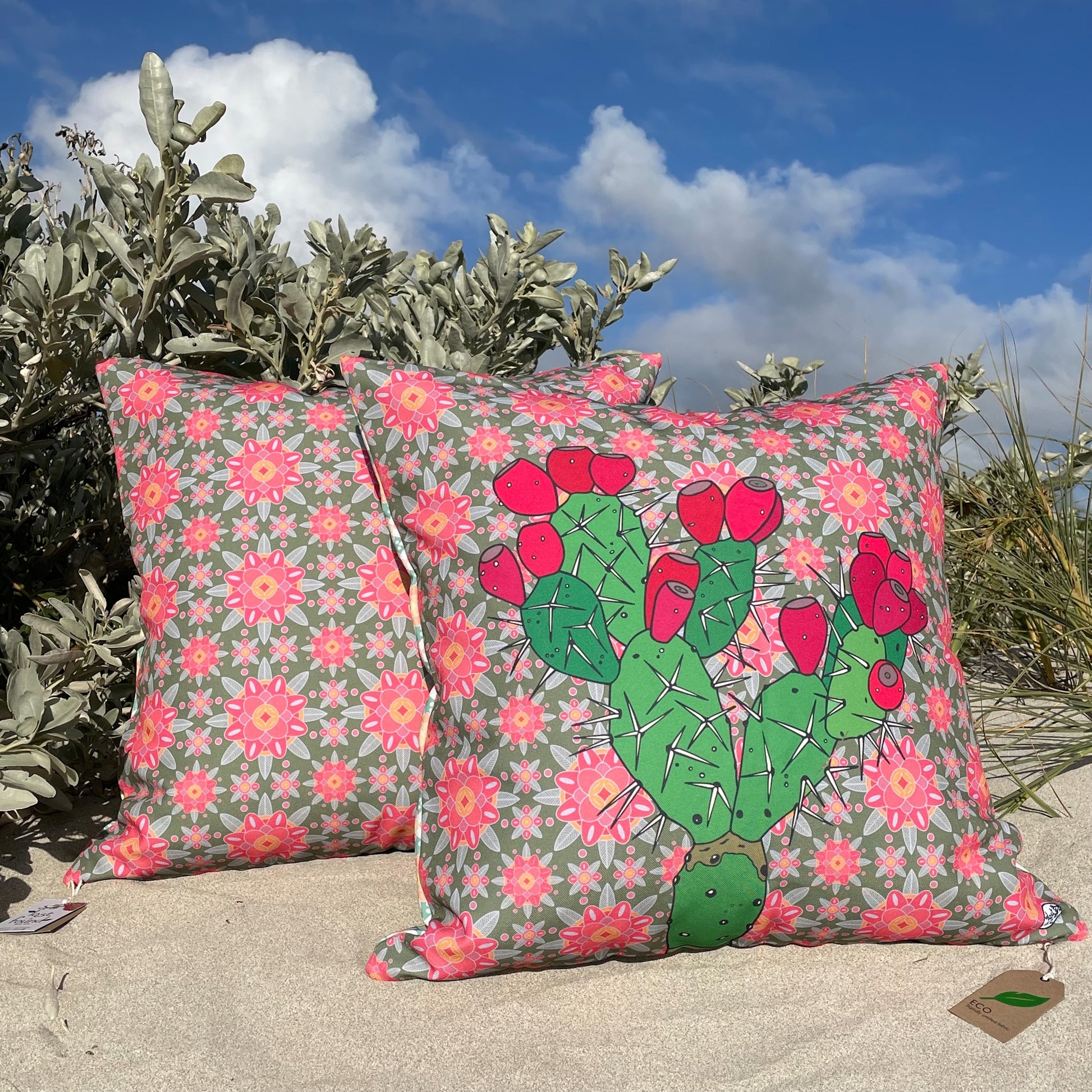 LOST AND FOUND ART CO Prickly Pear 60cm Cushion. Decorative pillows with cactus and floral patterns 