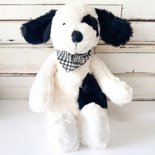 Lily & George - Buster The Dog. White plush dog toy with black accents and a checkered scarf