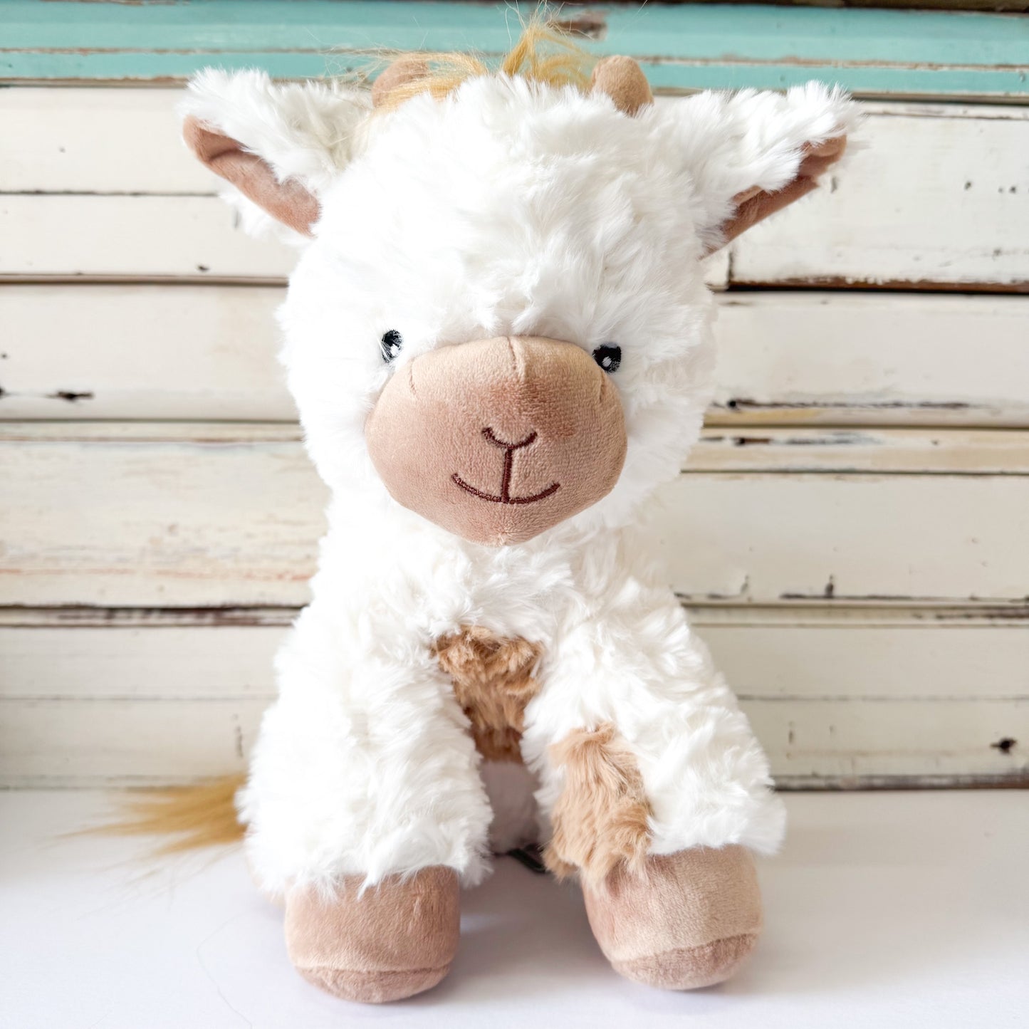 Lily & George - Juno the Giraffe. Plush white furry giraffe with brown accents 
