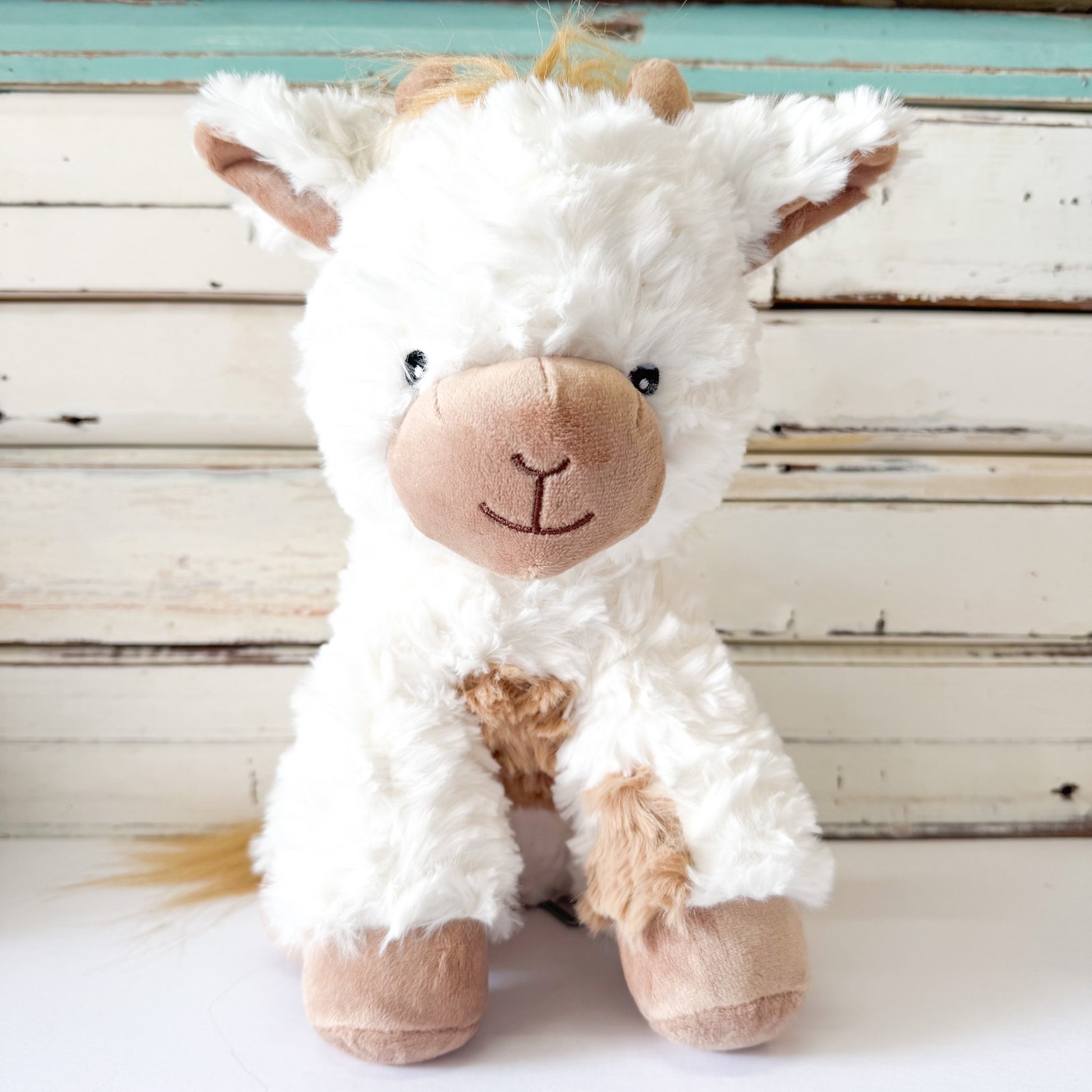 Lily & George - Juno the Giraffe. Plush white furry giraffe with brown accents 