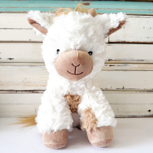 Lily & George - Juno the Giraffe. Plush white furry giraffe with brown accents 