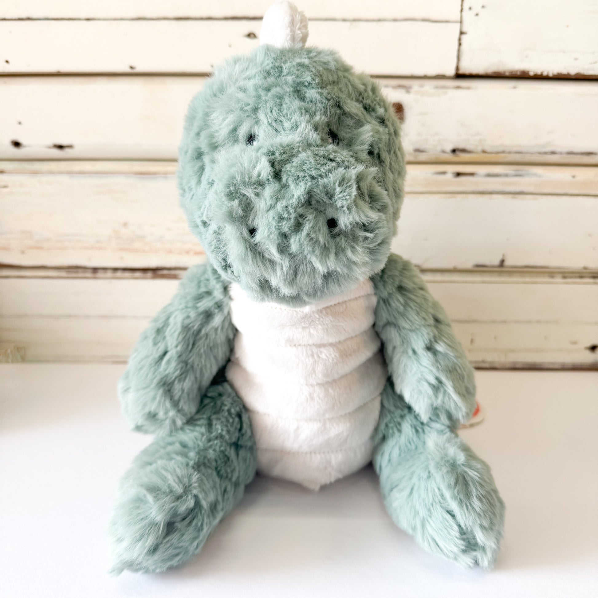 Lily & George - Roary The Rex. Plush toy dragon with aqua fur and white belly 