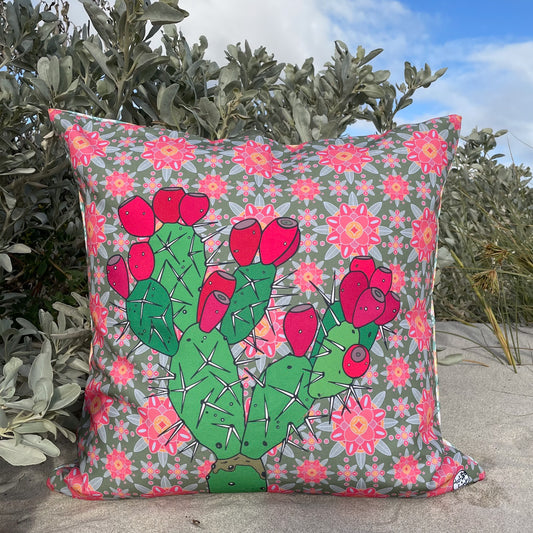 Lost and found art co Prickly Pear 40cm Cushion. Decorative pillow with cactus design on a floral patterned background