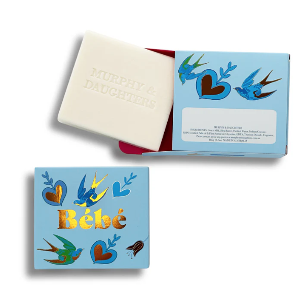 Bar of soap with a decorative box featuring bird illustrations. Murphy & Daughters - Bebe (Milk) Soap