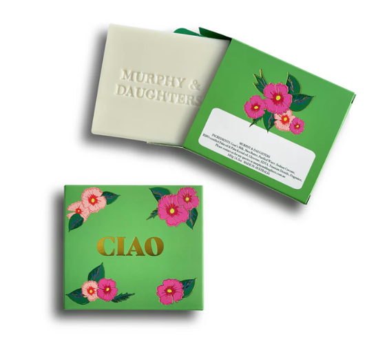 Murphy & Daughters - Ciao (Cucumber) Soap. Bar of soap with a green box featuring floral designs and 'CIAO' text 