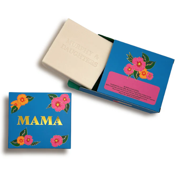 Murphy & Daughters - Mama (Milk) Soap. Bar of soap with a decorative box featuring floral designs and the word 'MAMA'.