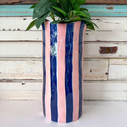 Tall vase with blue and pink striped pattern -Noss and Co - Large Vase - Navy & Pink Stripe