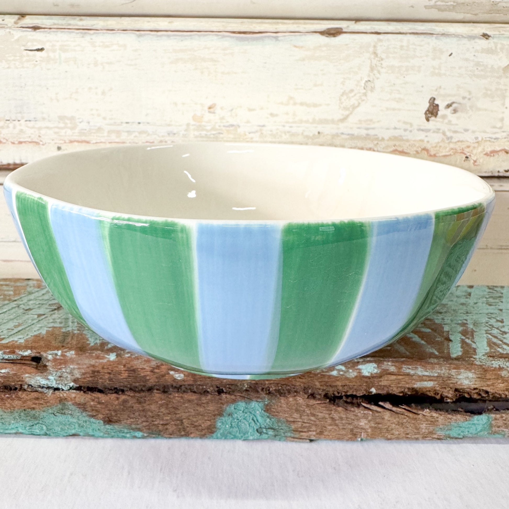 Ceramic bowl with green and blue striped design-Noss and Co - Medium Bowl - Green & Cornflower Stripe