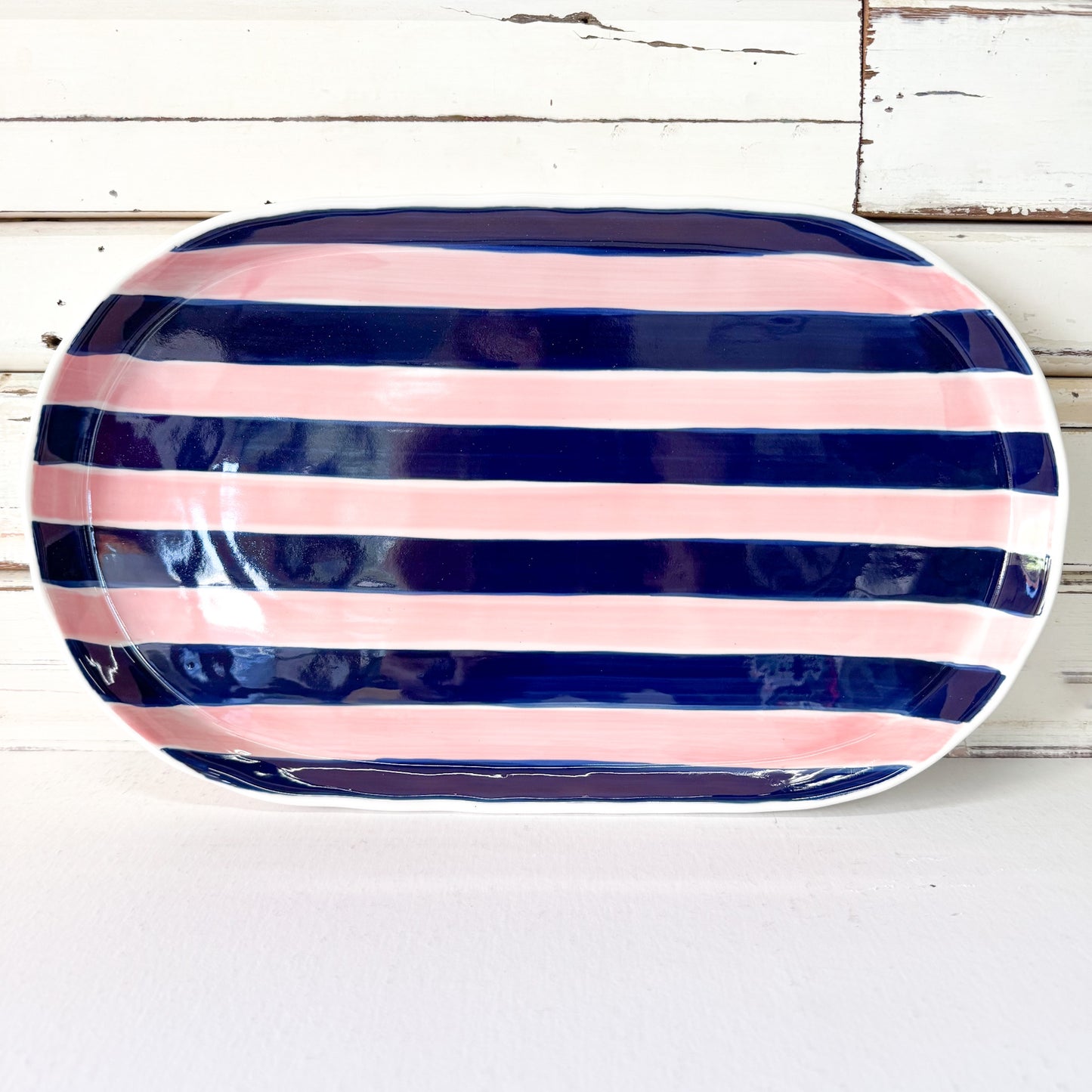 Rectangular ceramic platter with pink and blue stripes -Noss and Co - Oval Platter - Pink & Navy Stripes