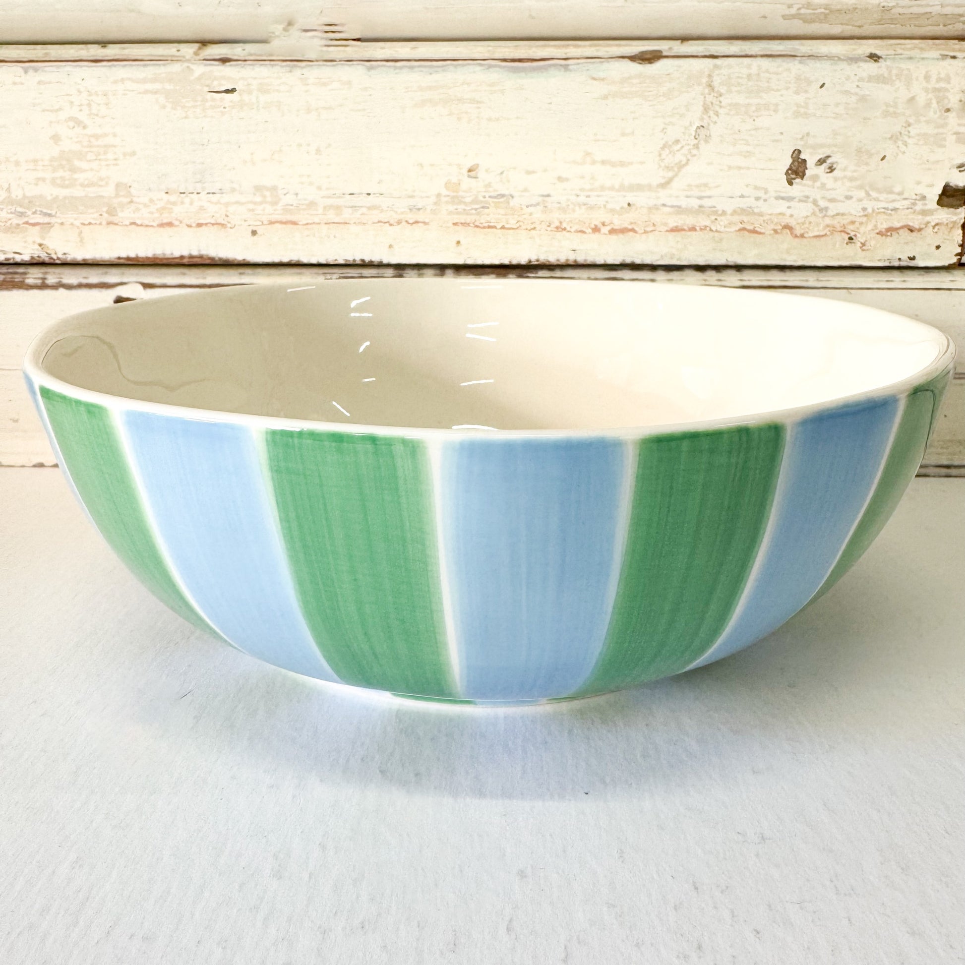 Ceramic bowl with green and blue stripes -Noss and Co - Salad Bowl - Green & Cornflower Blue Stripe
