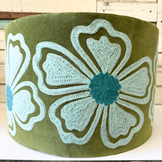 Olive Green velvet lampshade with aqua floral hibiscus stitched patterns