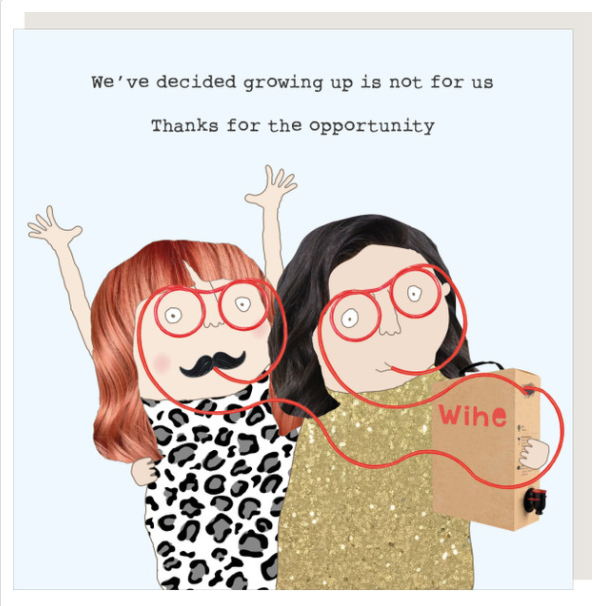 Rosie Made a Thing card. Illustration of two people with glasses and text about growing up, on a light blue background.