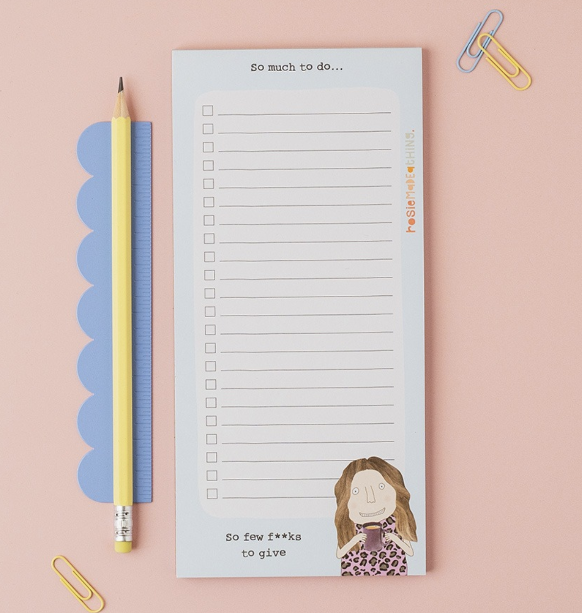 A vertical notepad with lined writing space, checkboxes, and a cartoon woman illustration at the bottom. Rosie Made a Thing | Listy Jot Pad - So Much