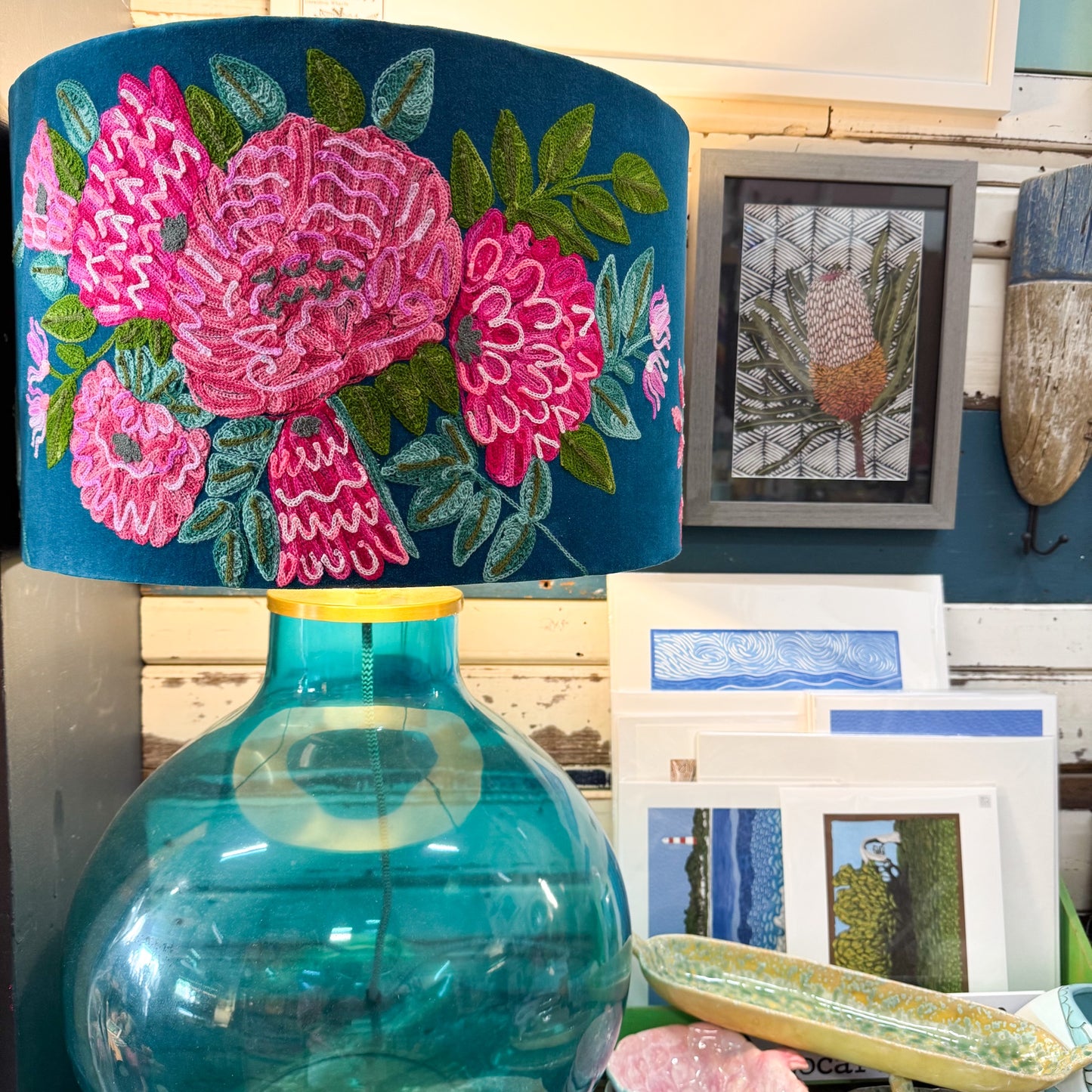 Ruby Star | Peony Teal Shade -Decorative lamp shade with floral design on a blue background
