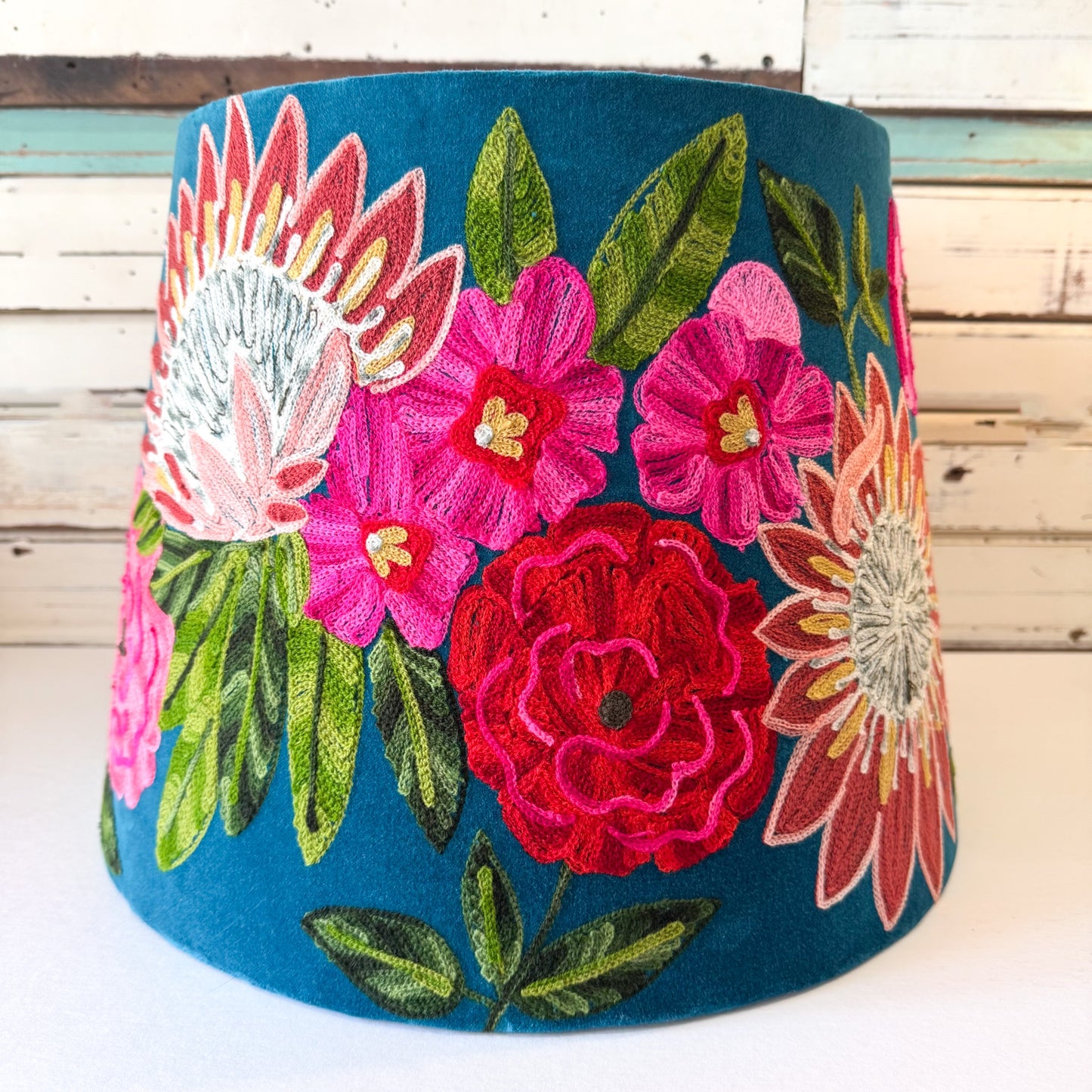 Ruby Star | Tropical Garden Teal Tapered Shade - Floral embroidered lampshade 