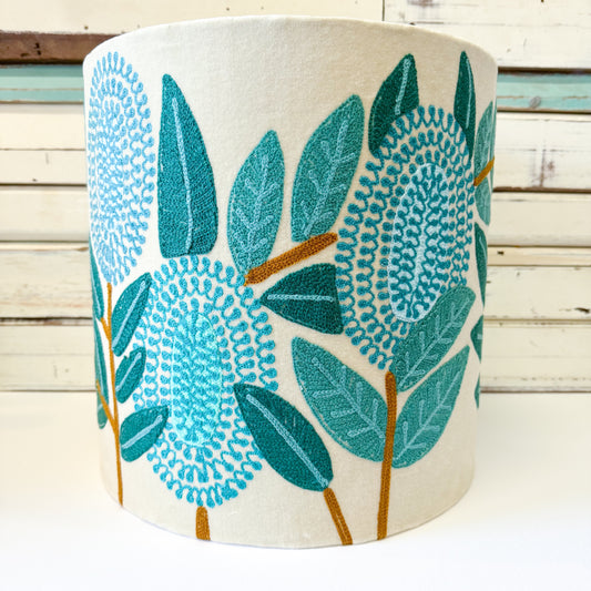 Decorative lampshade with teal floral pattern 