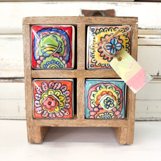 Status Collections - Autumn 4 Drawer Box. Ceramic drawers in a wooden box unit with floral designs