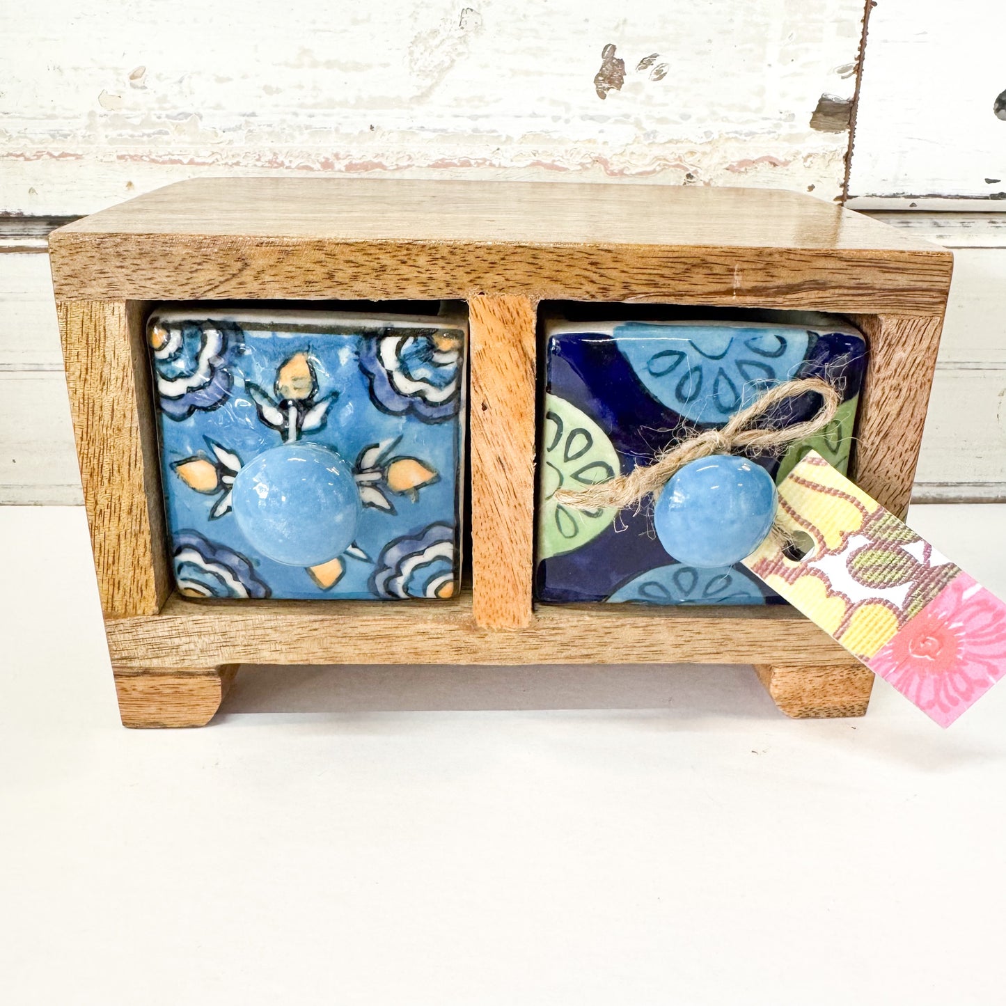 Status Collections - Blue 2 Drawer Box. Hand painted Ceramic drawers in a wooden box 