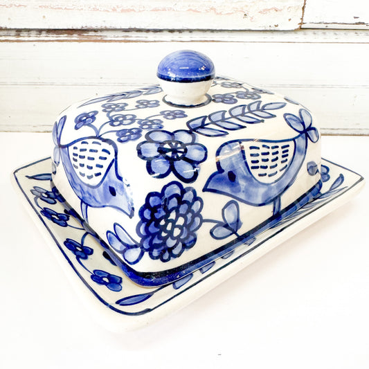 Status Collections - Blue Bird Butter Dish. Blue and white ceramic butter dish with floral and bird patterns 