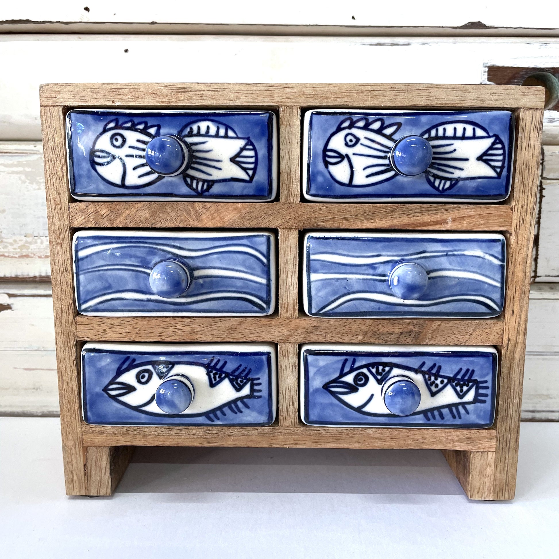 Status Collections - Fishies 6 Drawer Box. Hand painted Ceramic drawers in a wooden box featuring fish designs.