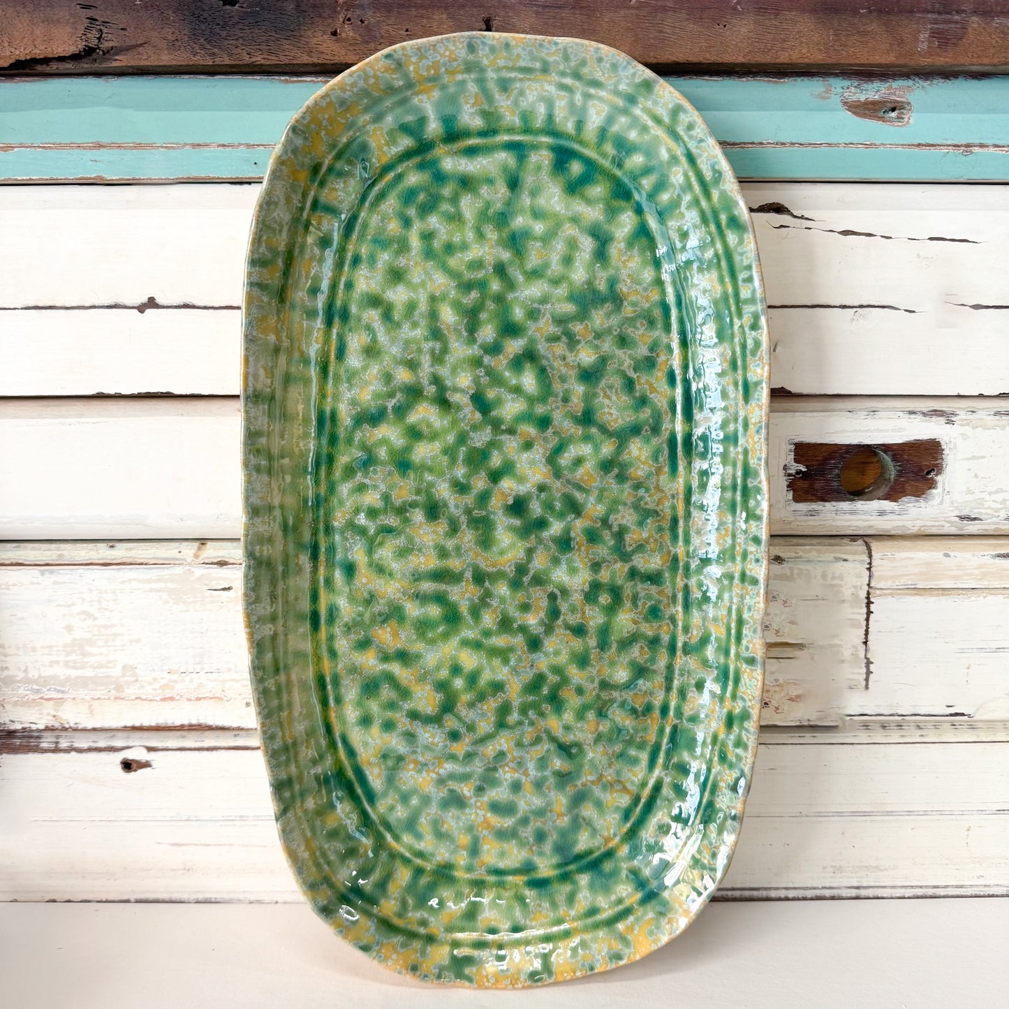 Green ceramic platter 
The Brightside Store | Citron Oblong Platter